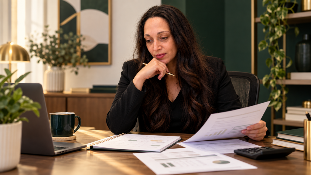 Gina Díaz revisa ingresos, gastos y cuotas para valorar una situación de sobreendeudamiento.