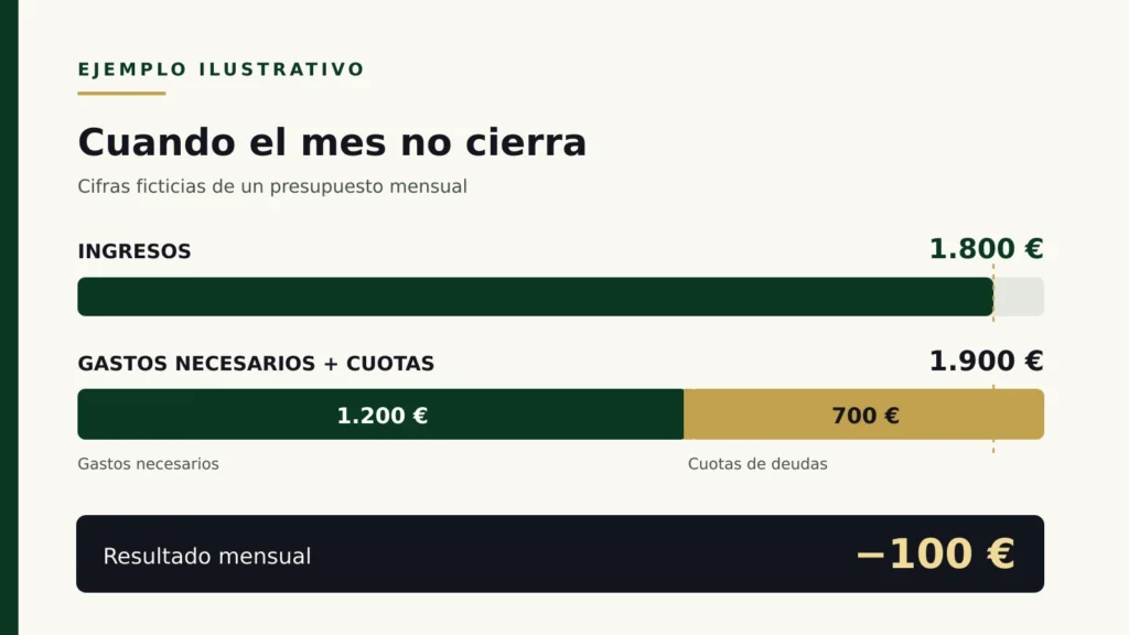 Ejemplo ilustrativo de un presupuesto mensual con ingresos de 1.800 euros y pagos que superan esa cifra en 100 euros.
