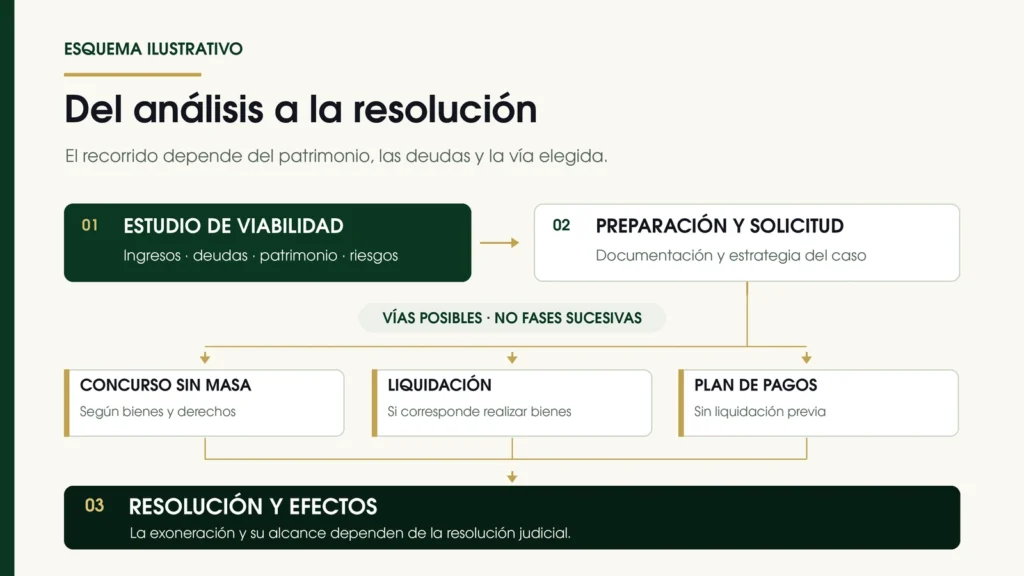 : Esquema ilustrativo de las vías de Segunda Oportunidad desde el análisis del caso hasta la exoneración