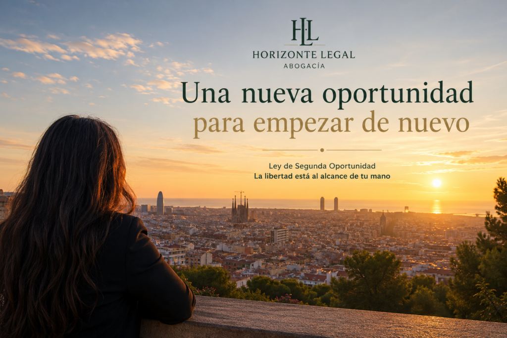 Amanecer sobre Barcelona como símbolo de una nueva oportunidad tras la cancelación de deudas mediante la Ley de Segunda Oportunidad.