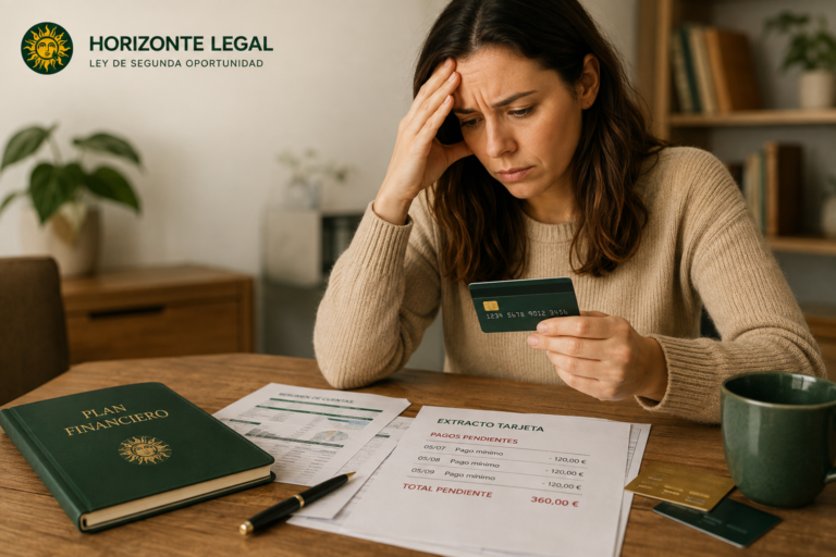 Mujer preocupada revisando pagos pendientes de tarjetas de crédito
