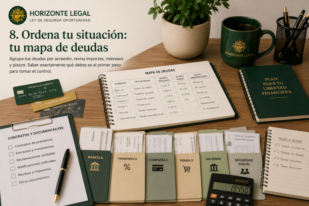 Mesa organizada con un mapa de deudas, tarjetas, préstamos y documentación financiera