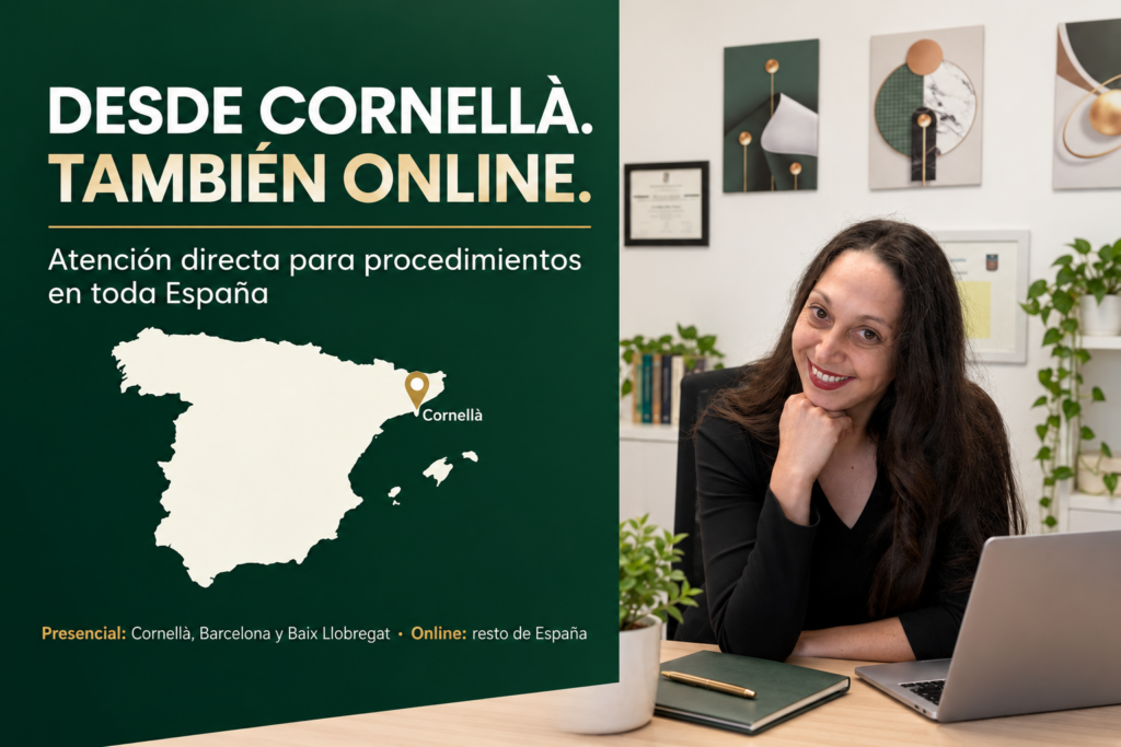 Gina Díaz en su despacho de Cornellà con atención online para procedimientos de Segunda Oportunidad en toda España.