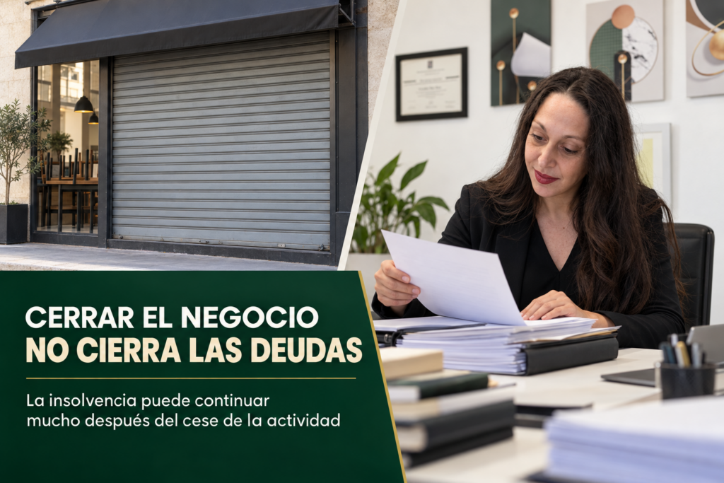Gina Díaz revisa un expediente junto a la imagen de un pequeño negocio cerrado.