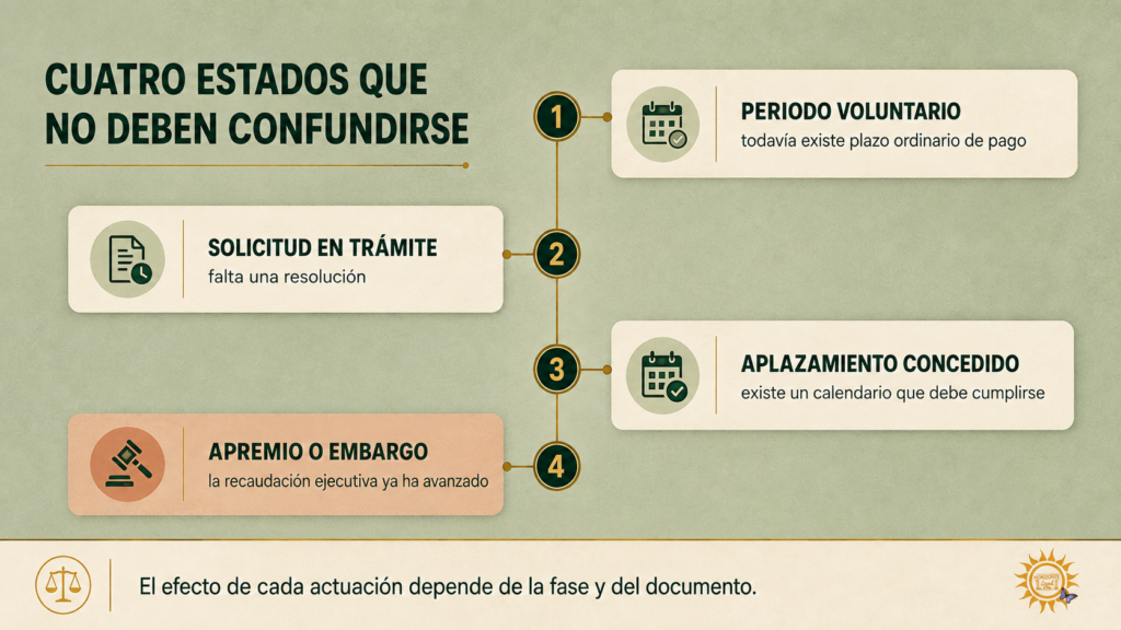 Estados de una deuda con Hacienda desde el periodo voluntario hasta el apremio.