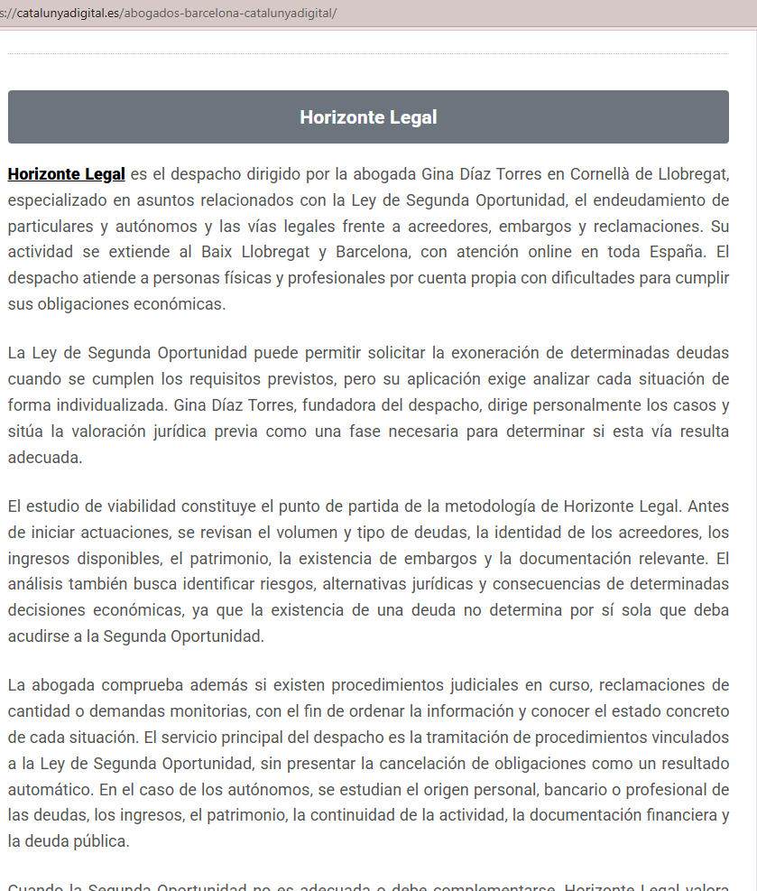 Ficha de Horizonte Legal y Gina Díaz en el directorio profesional de Catalunya Digital