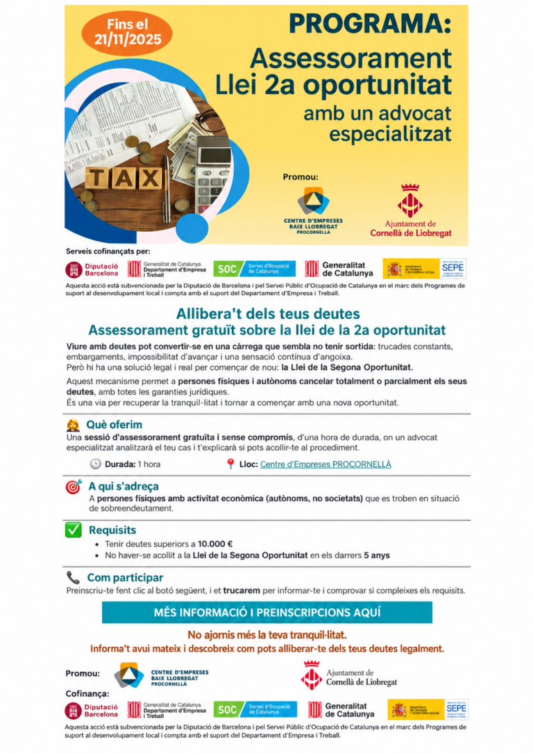 Folleto de 2025 del programa subvencionado de asesoramiento en Ley de Segunda Oportunidad realizado en Procornellà.